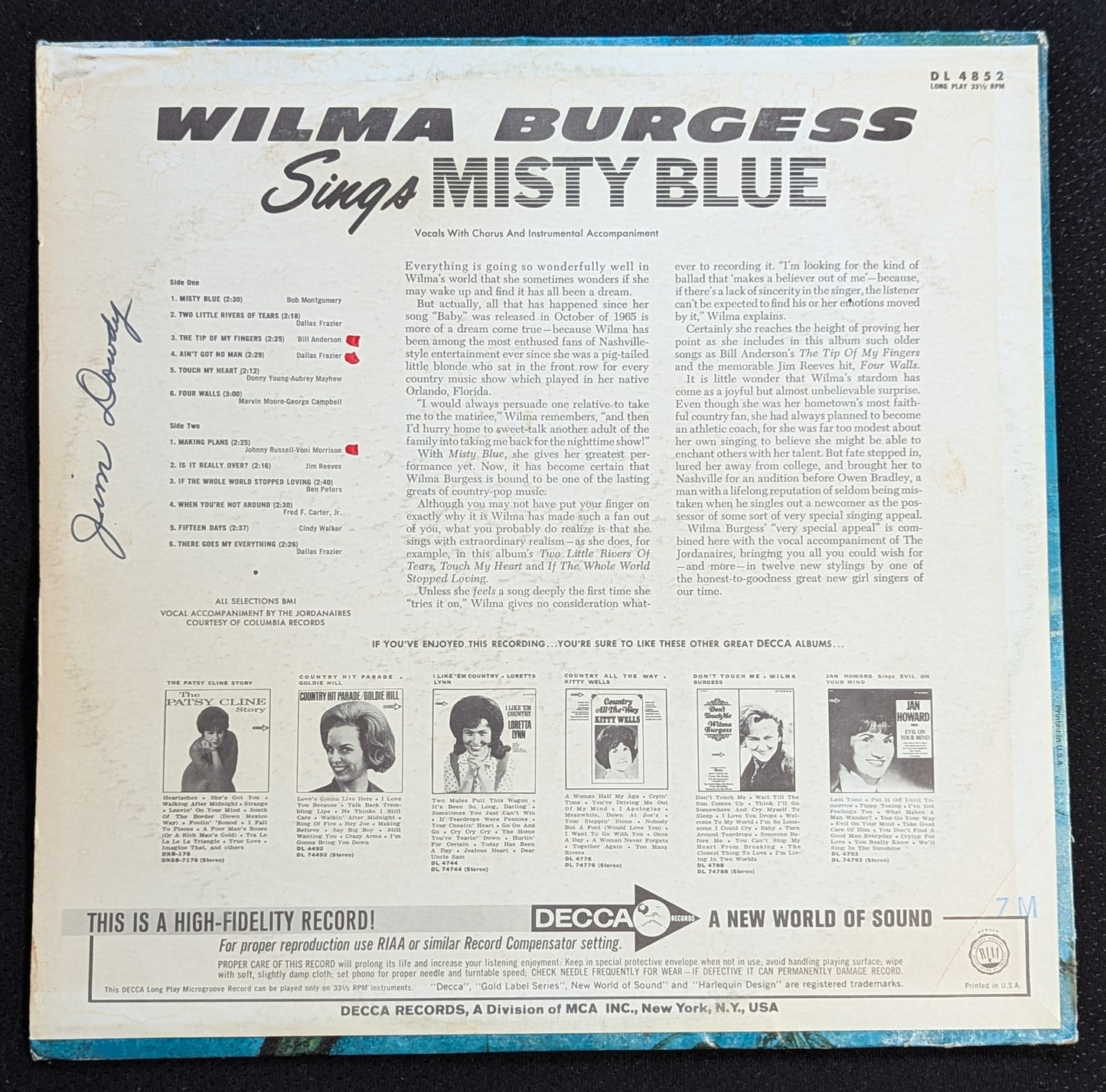 WILMA BURGESS Sings Misty Blue LO Vinyl Record 1967 Decca DL 4852 Country (VG Vinyl, VG Sleeve)