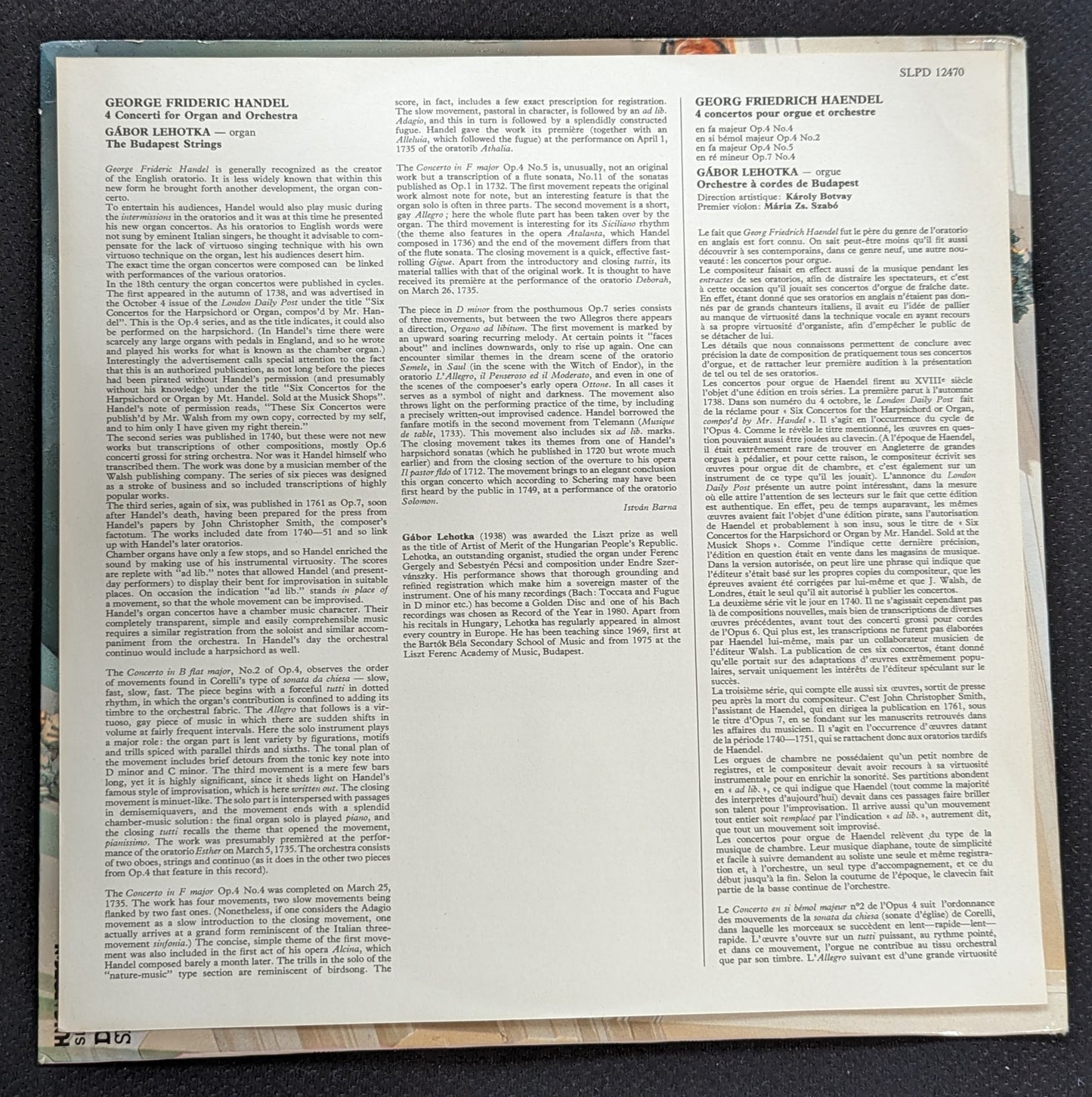 HANDEL Organ Concertos LP Vinyl Record GABOR LEHOTKA The Budapest Strings (VG+ Vinyl, VG+ Sleeve)