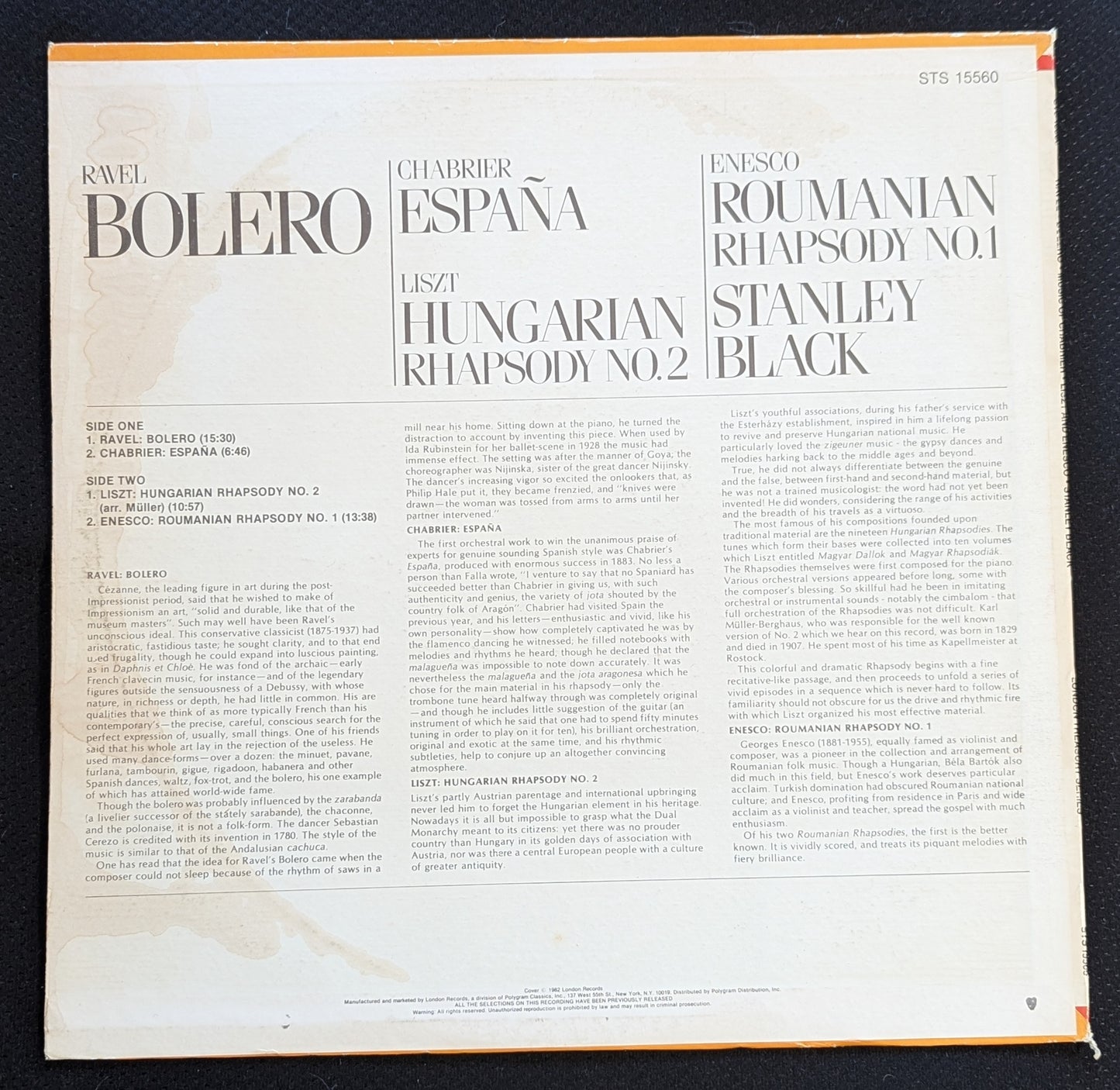RAVEL Bolero CHABRIER Espana LISZT ENESCO STANLEY BLACK LP VINYL RECORD STS15560 (VG Vinyl, VG Sleeve)