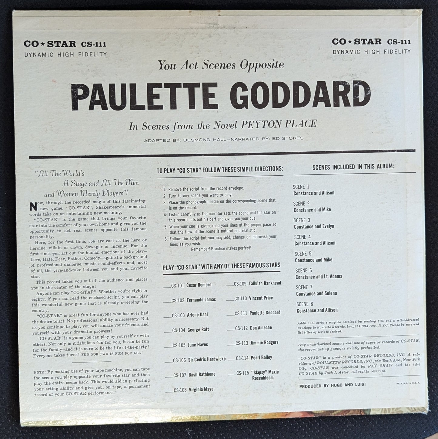 PAULETTE GODDARD Scenes From Peyton Place LP Vinyl Record 1977 Co Star CS-111 (VG Vinyl, VG Sleeve)