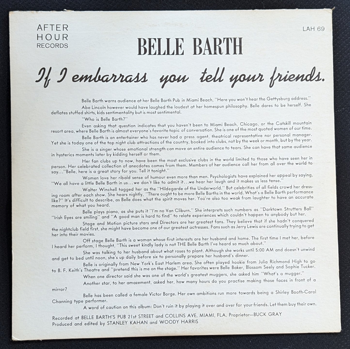 BELLE BARTH If I Embarrass You Tell Your Friends LP Vinyl Record 1960 LAH 69 (VG Vinyl, G+ Sleeve)