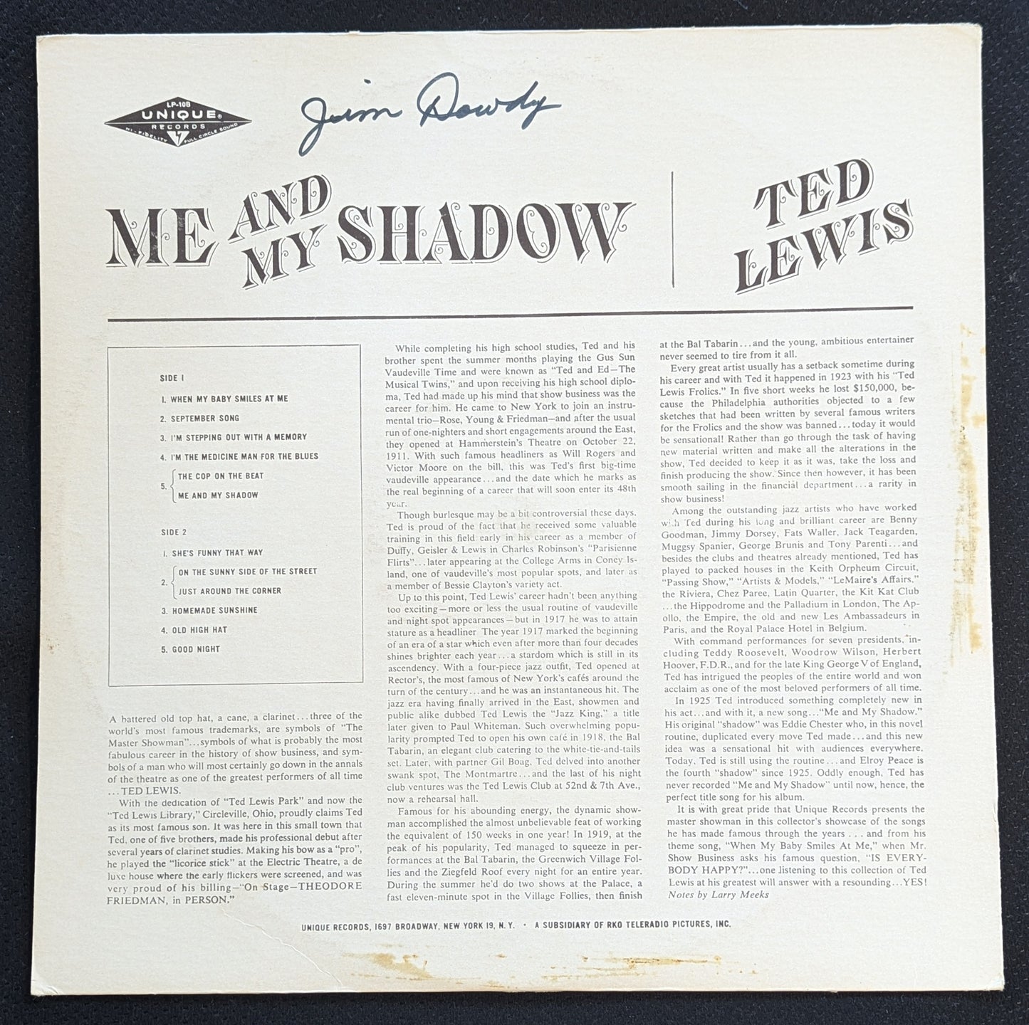 TED LEWIS Me And My Shadow LP Vinyl Record RKO ULP-143 (VG Vinyl, G+ Sleeve)