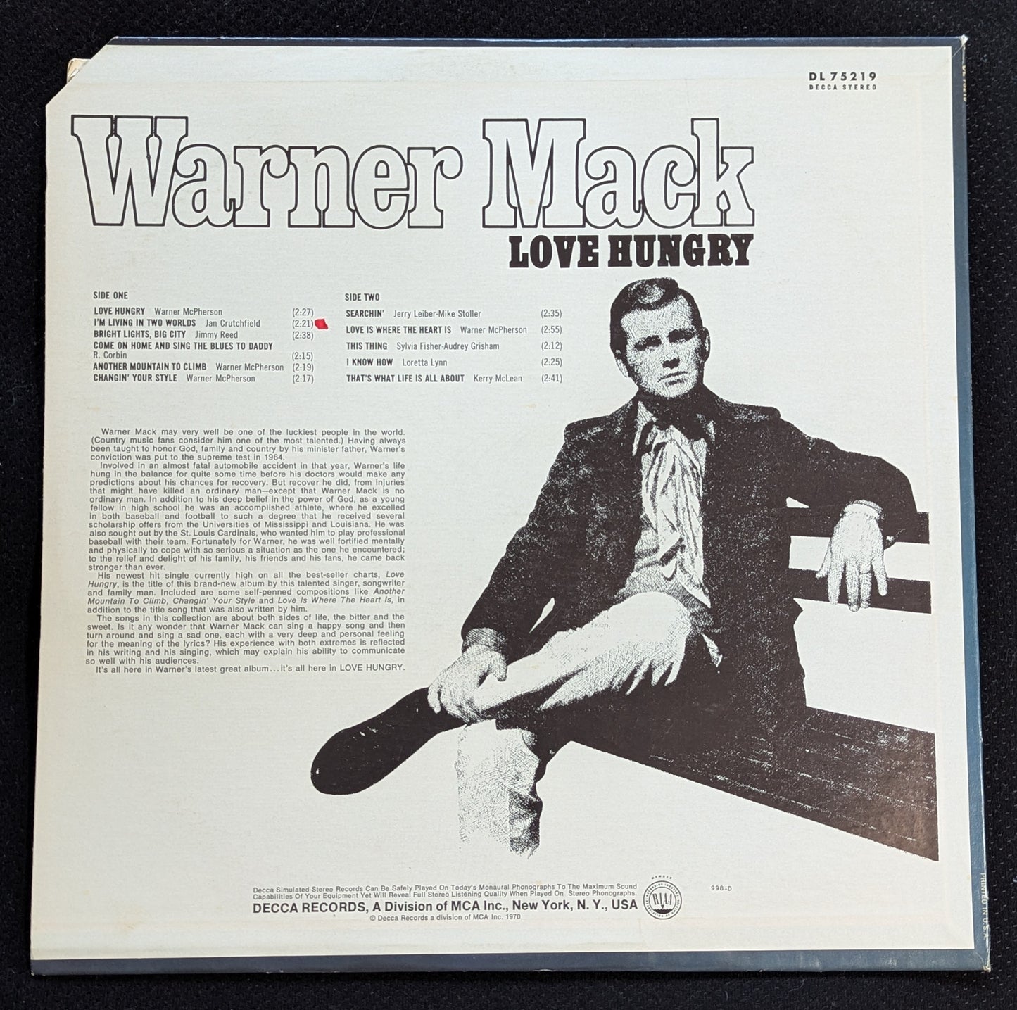 WARNER MACK Love Hungry LP Vinyl Record 1970 Decca DL 75219 (VG Vinyl, VG Sleeve)