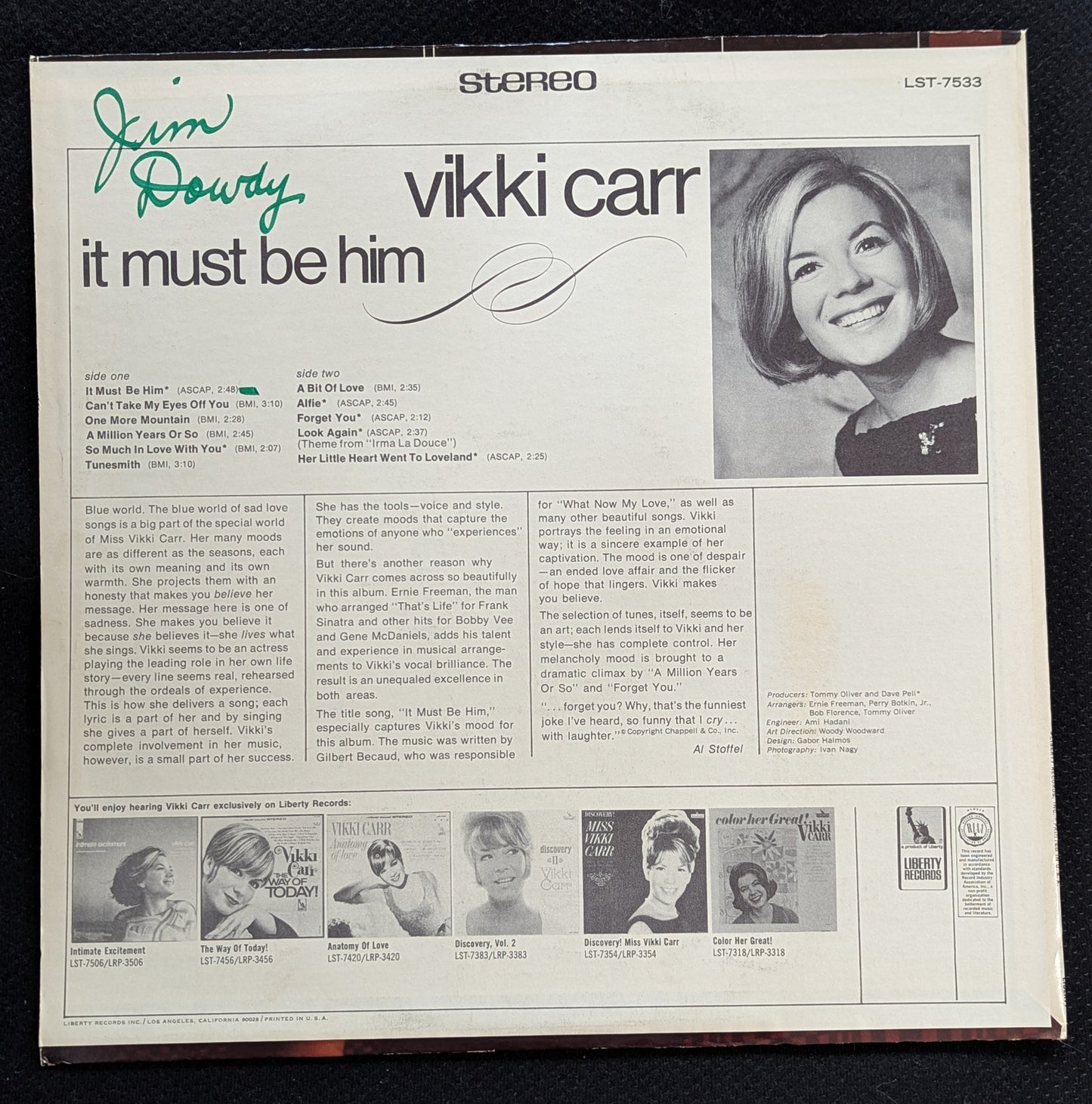 VIKKI CARR It Must Be Him LP Vinyl Record Liberty LST-7533 (VG+ Vinyl, VG Sleeve)