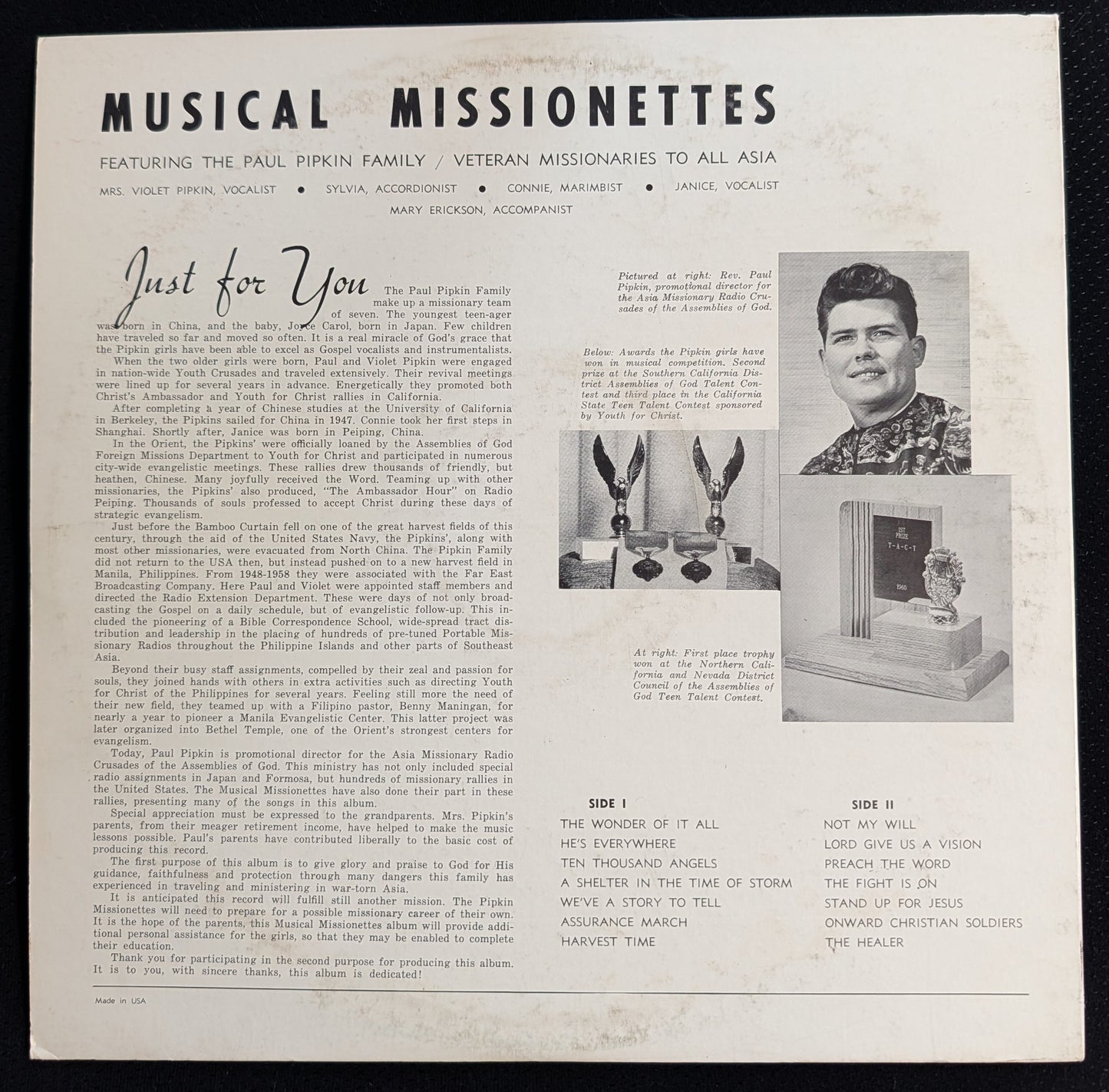 PAUL PIPKIN FAMILY Musical Missionettes LP Vinyl Record Not On Label 4233 Gospel (VG Vinyl, VG Sleeve)