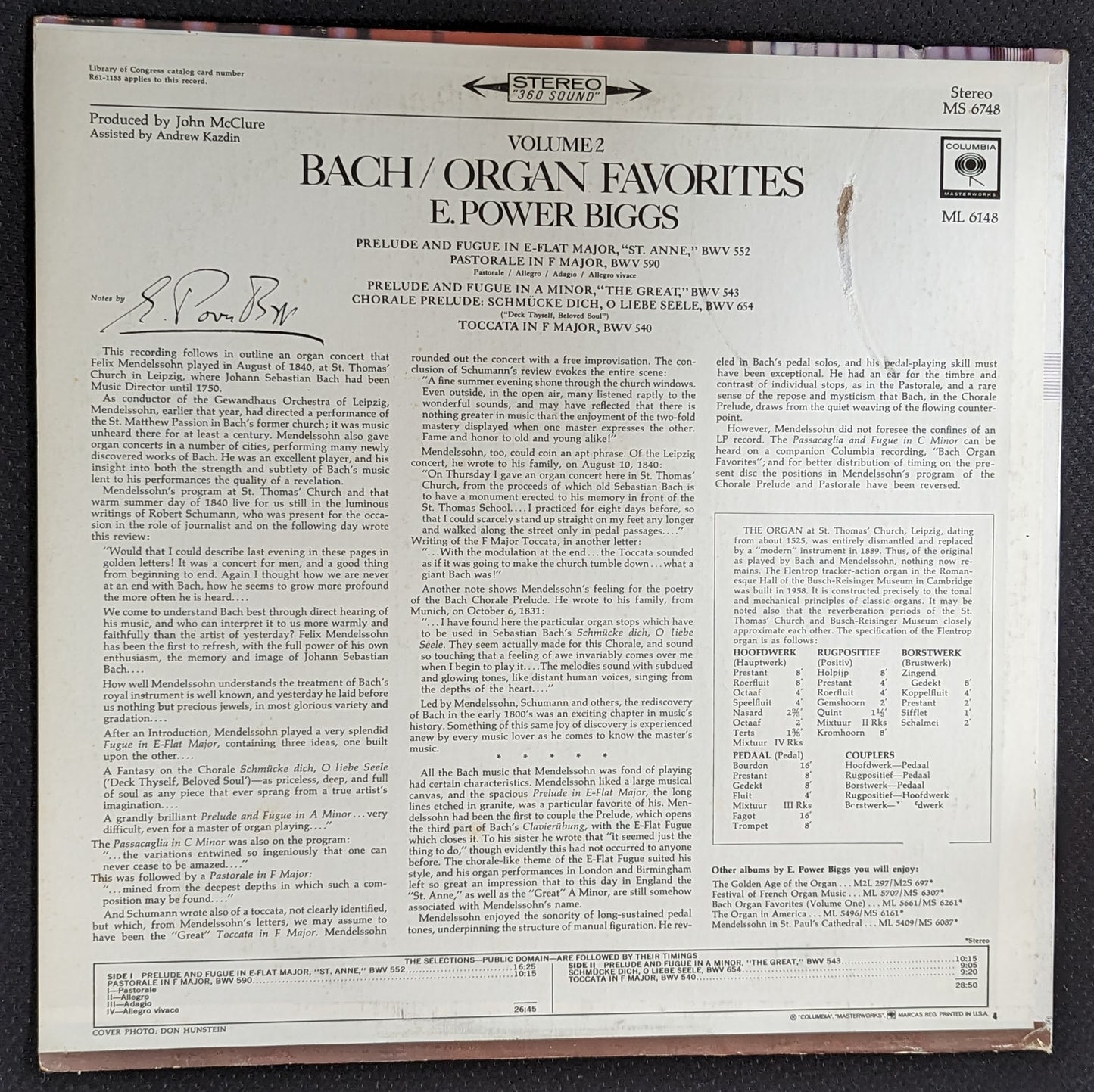 E POWER BIGGS Bach Organ Favorites Volume 2 LP Vinyl Record Columbia MS 6748 (VG Vinyl, VG Sleeve)