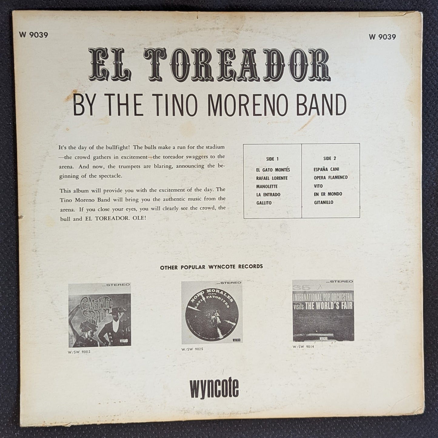 THE TINO MORENO BAND El Toreador LP Vinyl Record Wyncote SW-9039 (G+ Vinyl, G+ Sleeve)