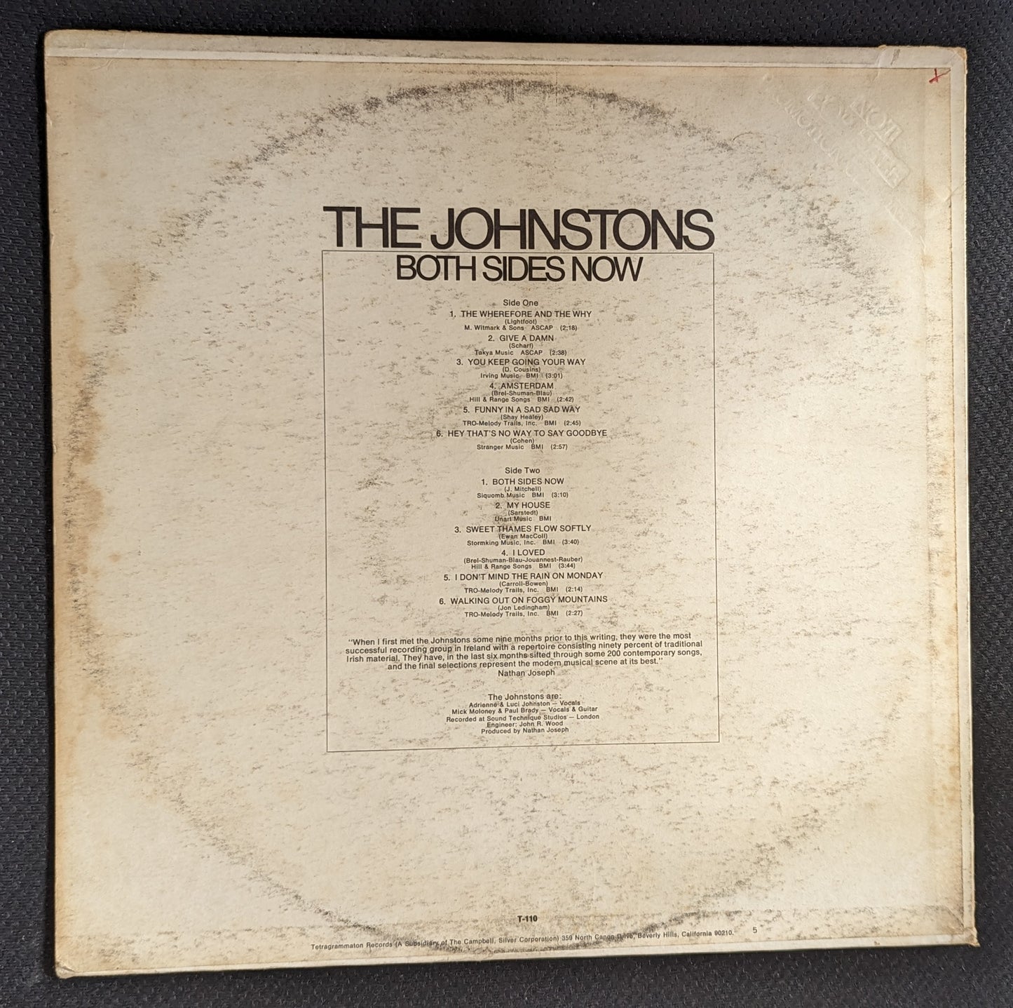 THE JOHNSTONS Both Sides Now LP Vinyl Record 1968 Tetragrammaton T-110 PROMO (VG+ Vinyl, G+ Sleeve)