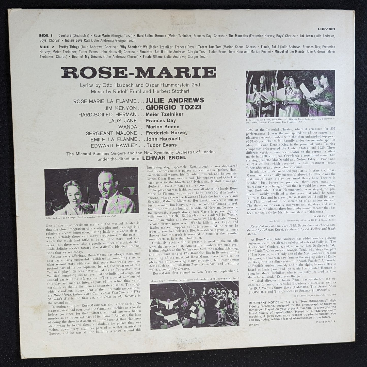 JULIE ANDREWS GIORGIO TOZZI Rose Marie Vinyl Record 1959 RCA Victor LOP-1001 (VG Vinyl, VG Sleeve)