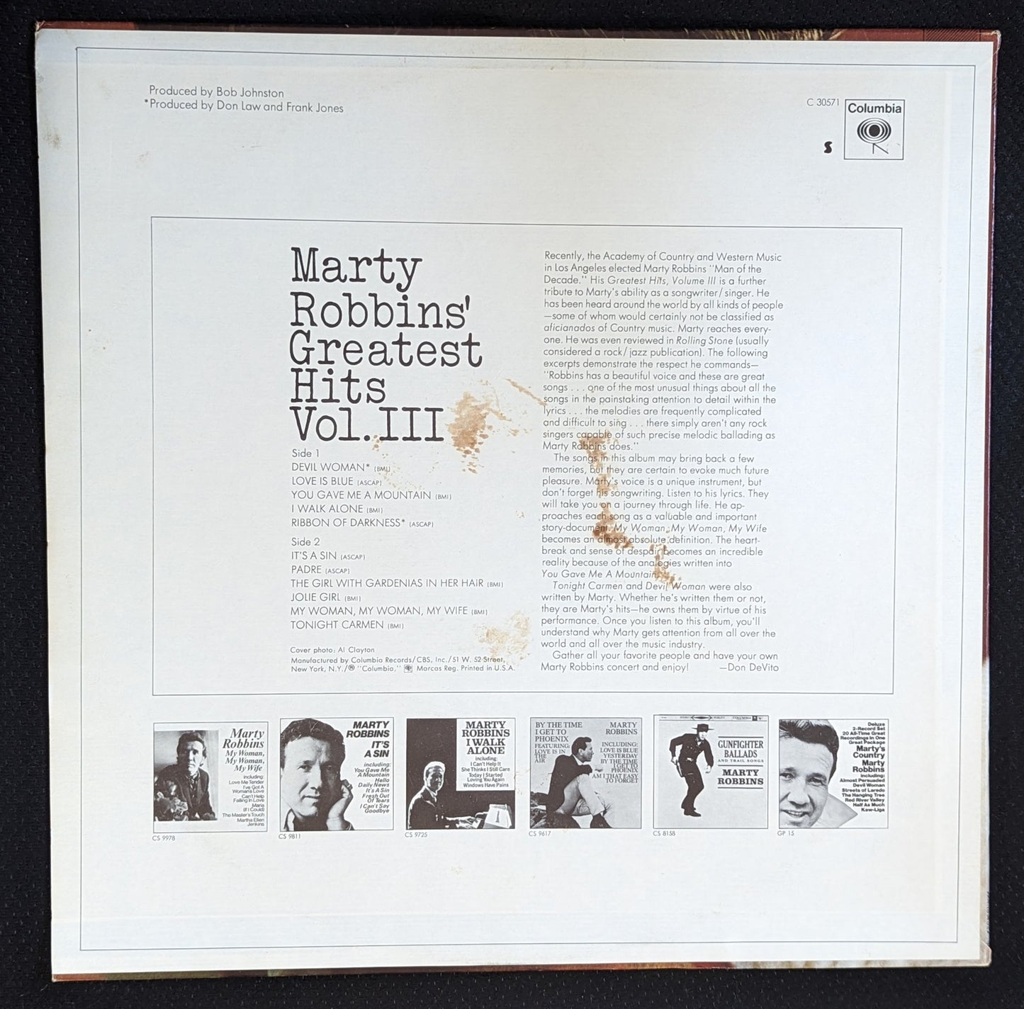 MARTY ROBBINS Greatest Hits Vol III LP Vinyl Record Columbia C 30571 (VG+ Vinyl, VG Sleeve)