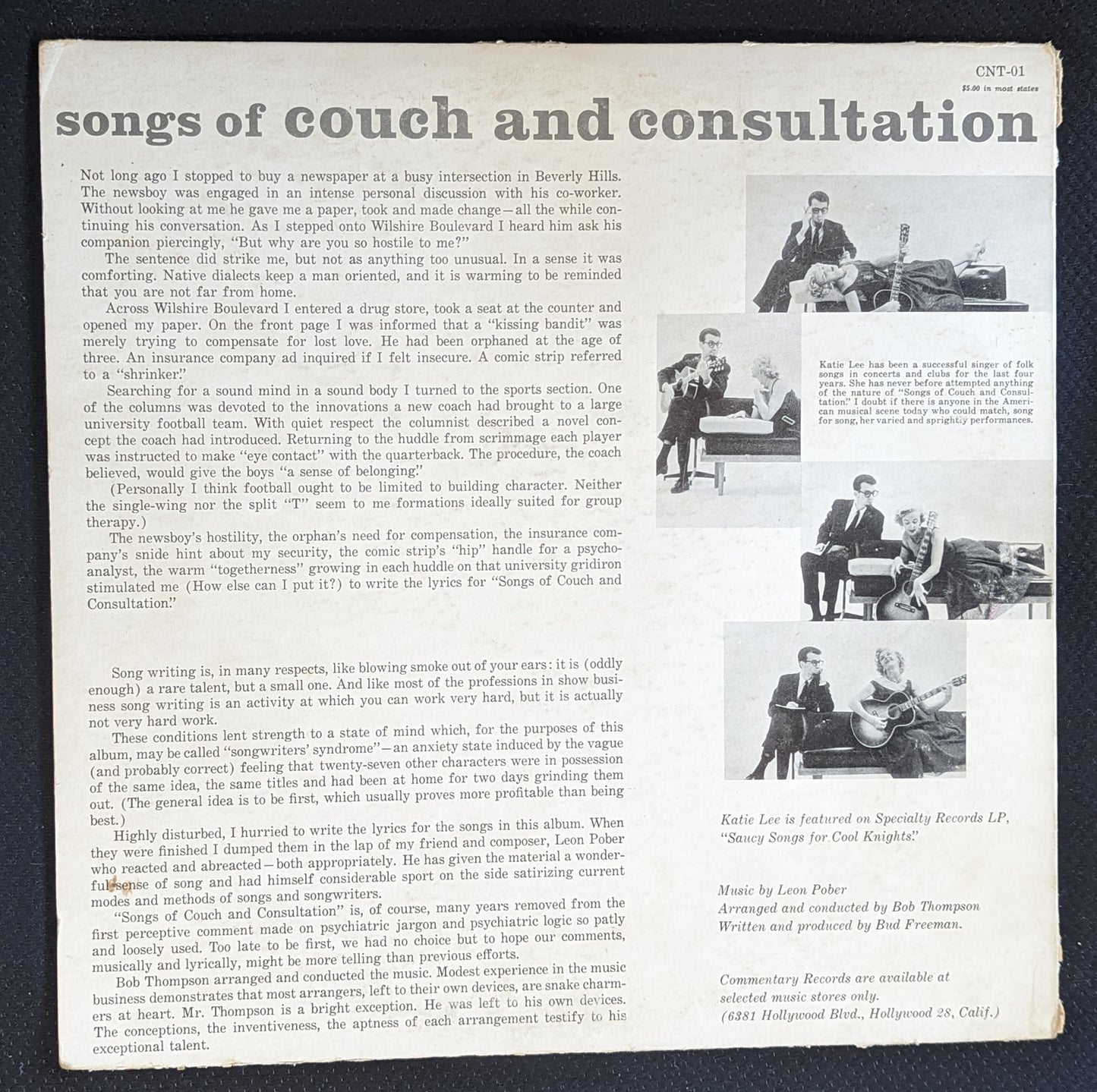 KATIE LEE Songs Of Couch And Consultation LP Vinyl Record 1957 CNT-01 (G+ Vinyl, G+ Sleeve)