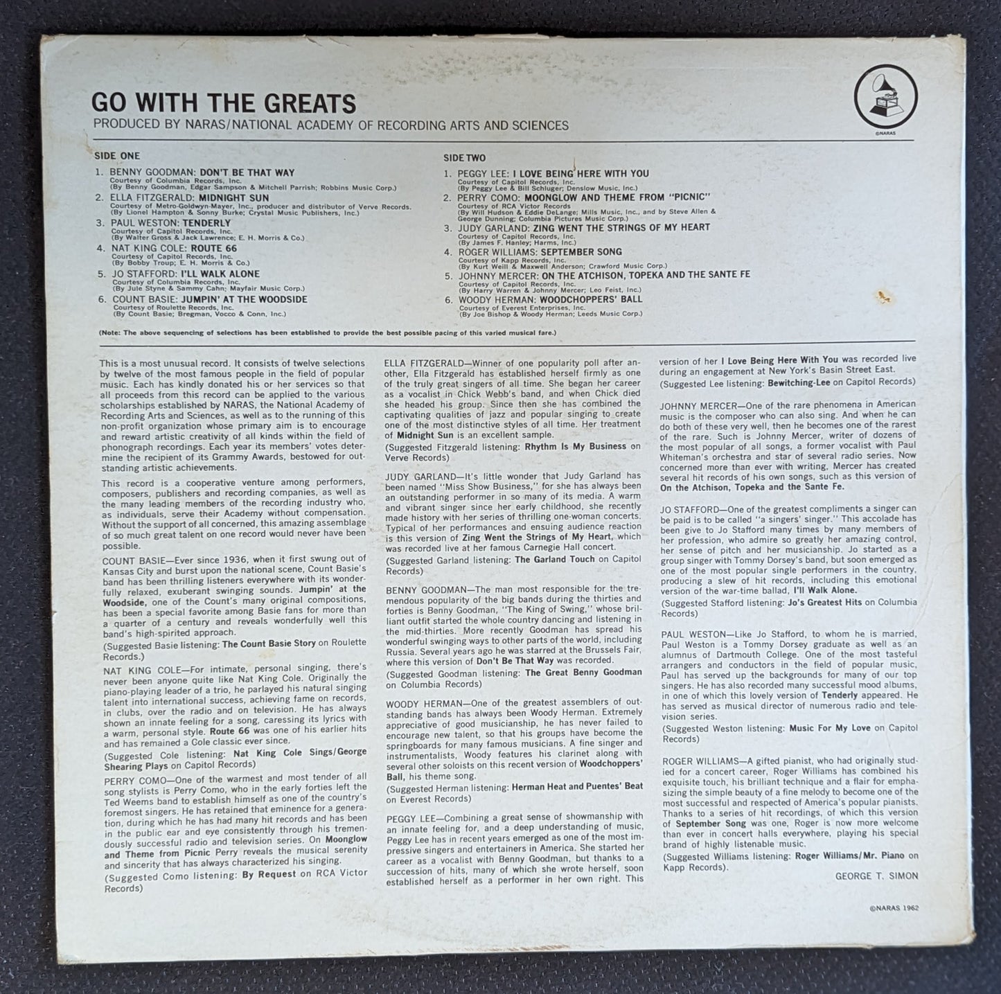 VARIOUS ARTISTS Go With The Greats LP Vinyl Record 1962 NARAS (VG Vinyl, G+ Sleeve)