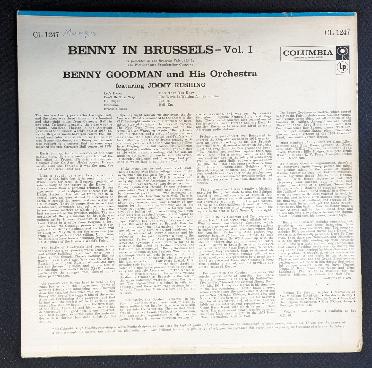 BENNY GOODMAN Benny In Brussels Volume 1 LP Vinyl Record Columbia CL 1247 (VG Vinyl, VG Sleeve)