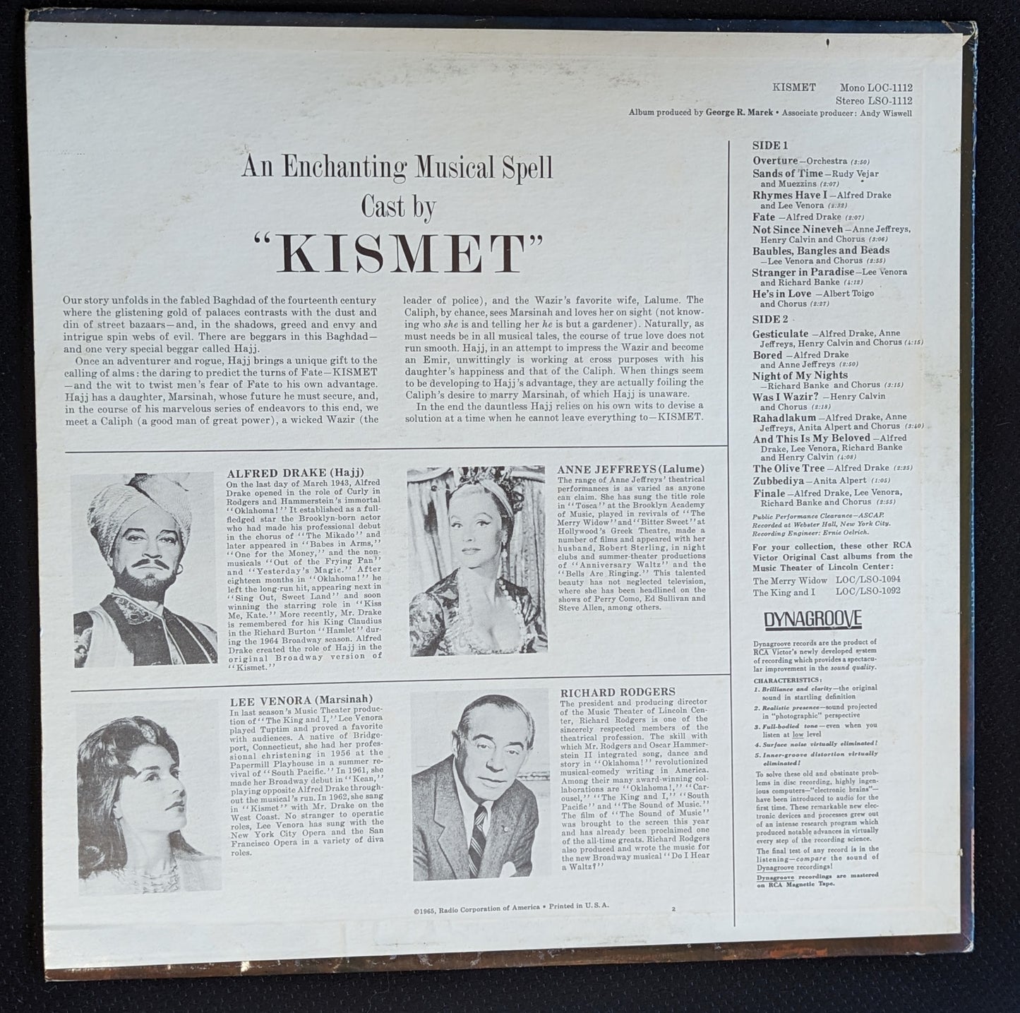 Kismet Original Cast Music Theater Of Lincoln Center LP RCA Victor LSO-1112 (VG Vinyl, G+ Sleeve)