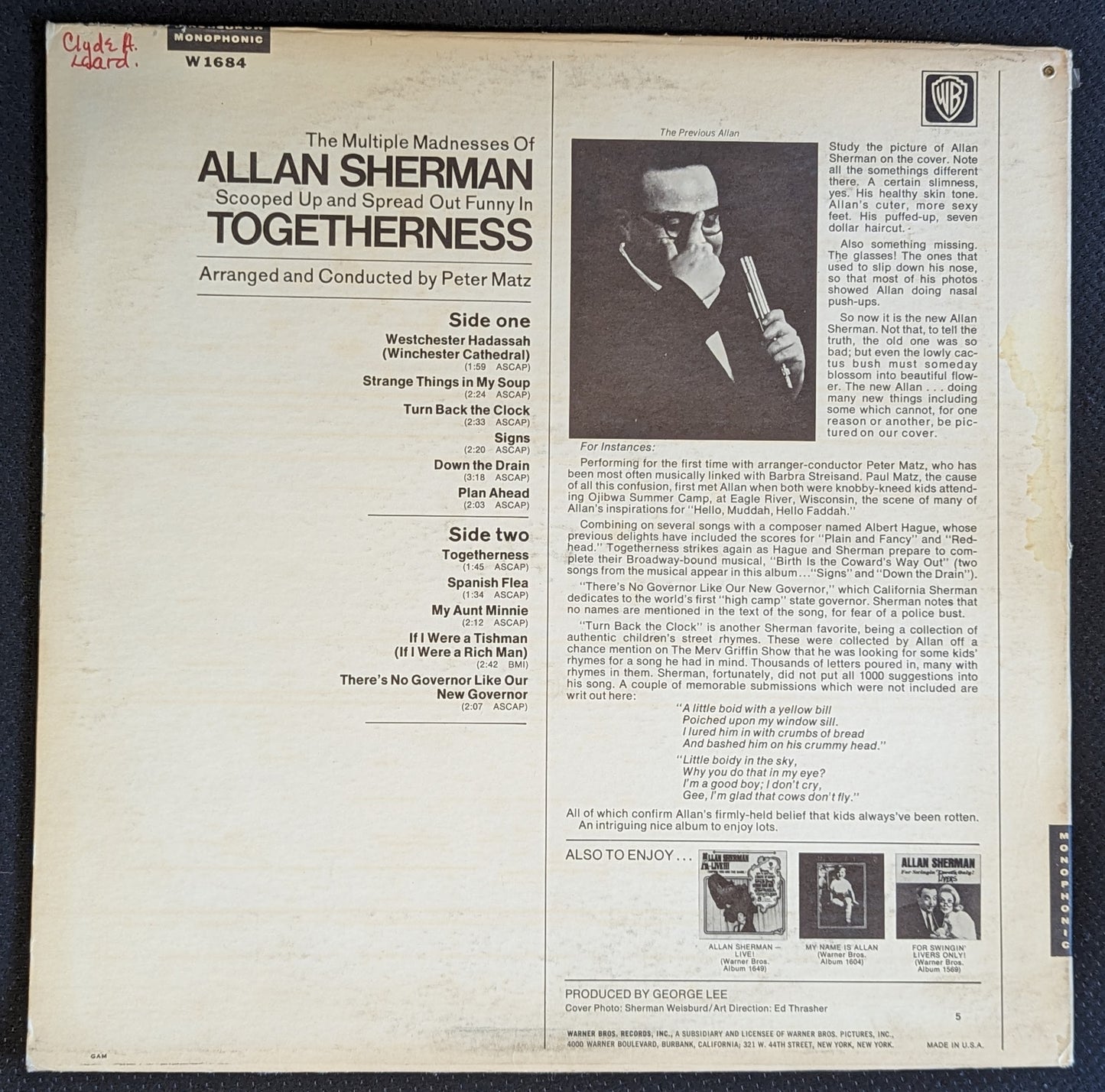 ALLAN SHERMAN Togetherness LP Vinyl Record 1967 Warner Brothers W 1684 (VG+ Vinyl, VG Sleeve)