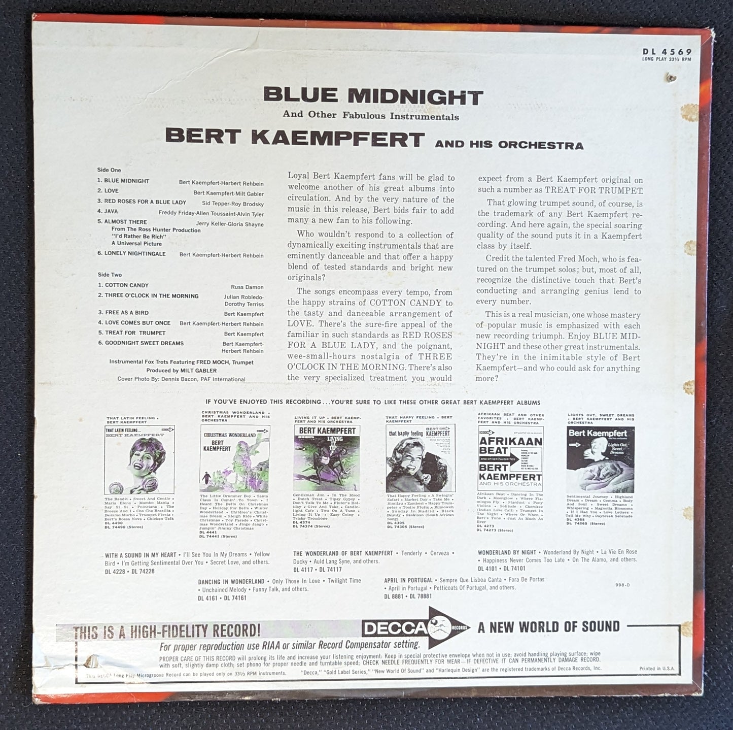 BERT KAEMPFERT Blue Midnight LP Vinyl Record 1965 Decca DL 4569 (VG Vinyl, VG Sleeve)