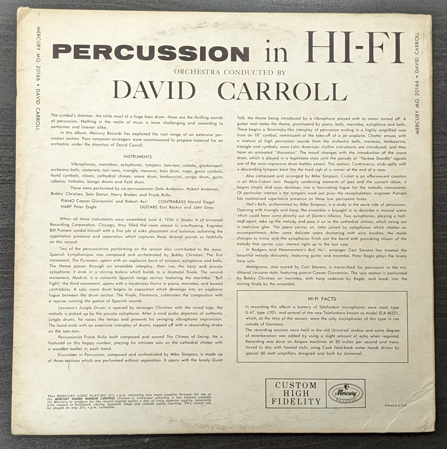 DAVID CARROLL Percussion In Hi-Fi LP Vinyl Record 1956 Mercury MG 20166 (VG Vinyl, VG Sleeve)