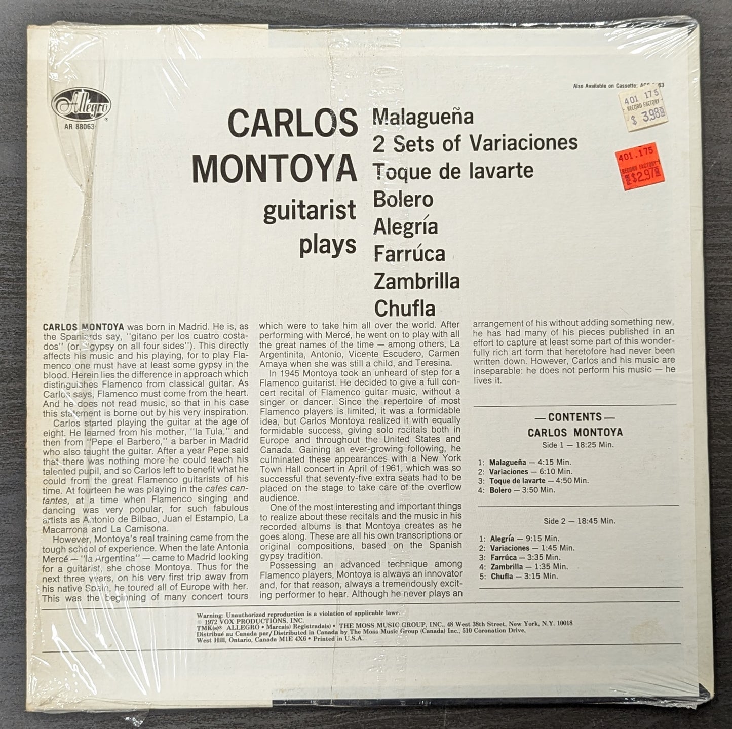 CARLOS MONTOYA Guitarist Plays LP Vinyl Record 1981 Allegro AR 88063 (VG Vinyl, VG+ Sleeve)