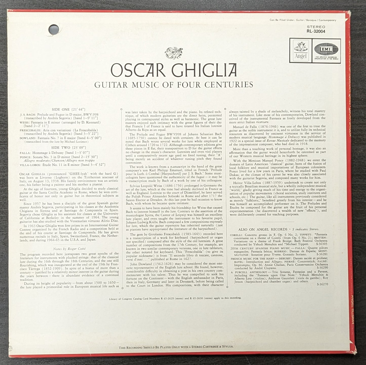 OSCAR GHIGLIA Guitar Music Of Four Centuries LP Vinyl Record 1981 Angel RL-32004 (VG+ Vinyl, G+ Sleeve)