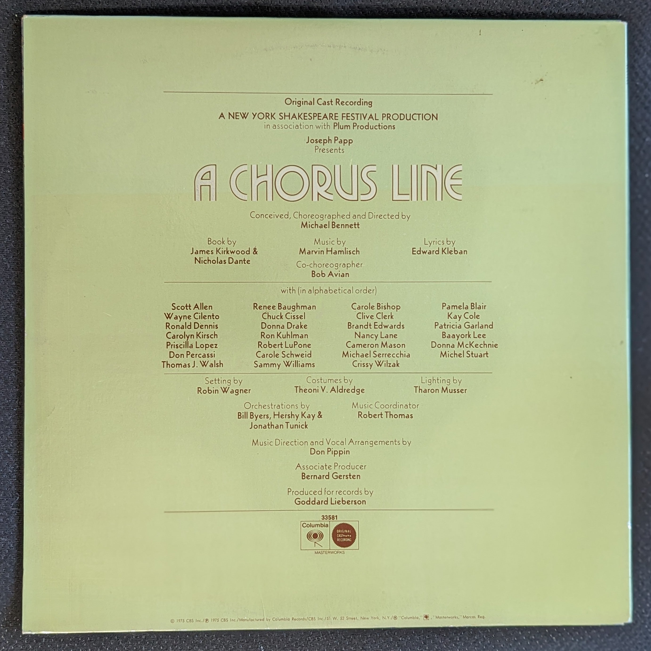 A Chorus Line Original Cast Recording Vinyl LP CBS store Masterworks JS 33581 1975