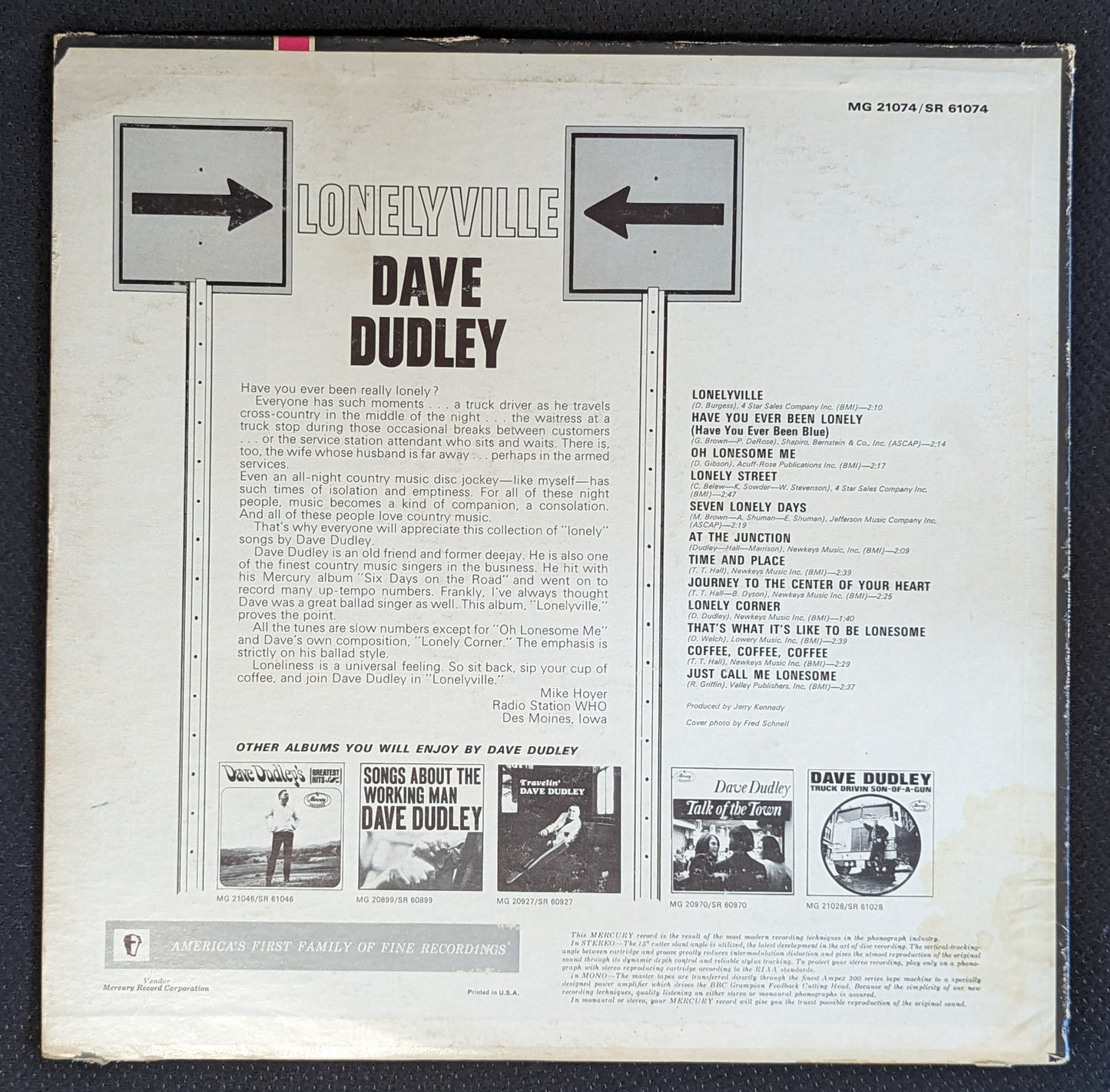 DAVE DUDLEY Lonelyville LP Vinyl Record 1966 Mercury SR 61074 Country (VG Vinyl, G+ Sleeve)