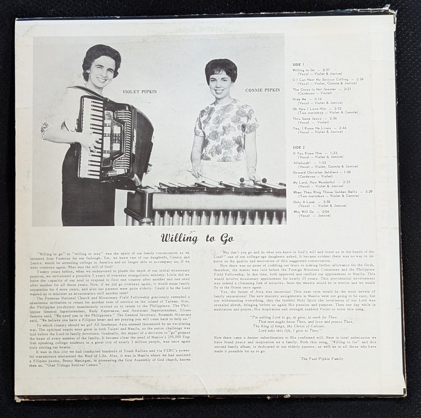 VIOLET & JANICE PIPKIN Willing To Go LP Vinyl Record LP-2 (VG Vinyl, G+ Sleeve)