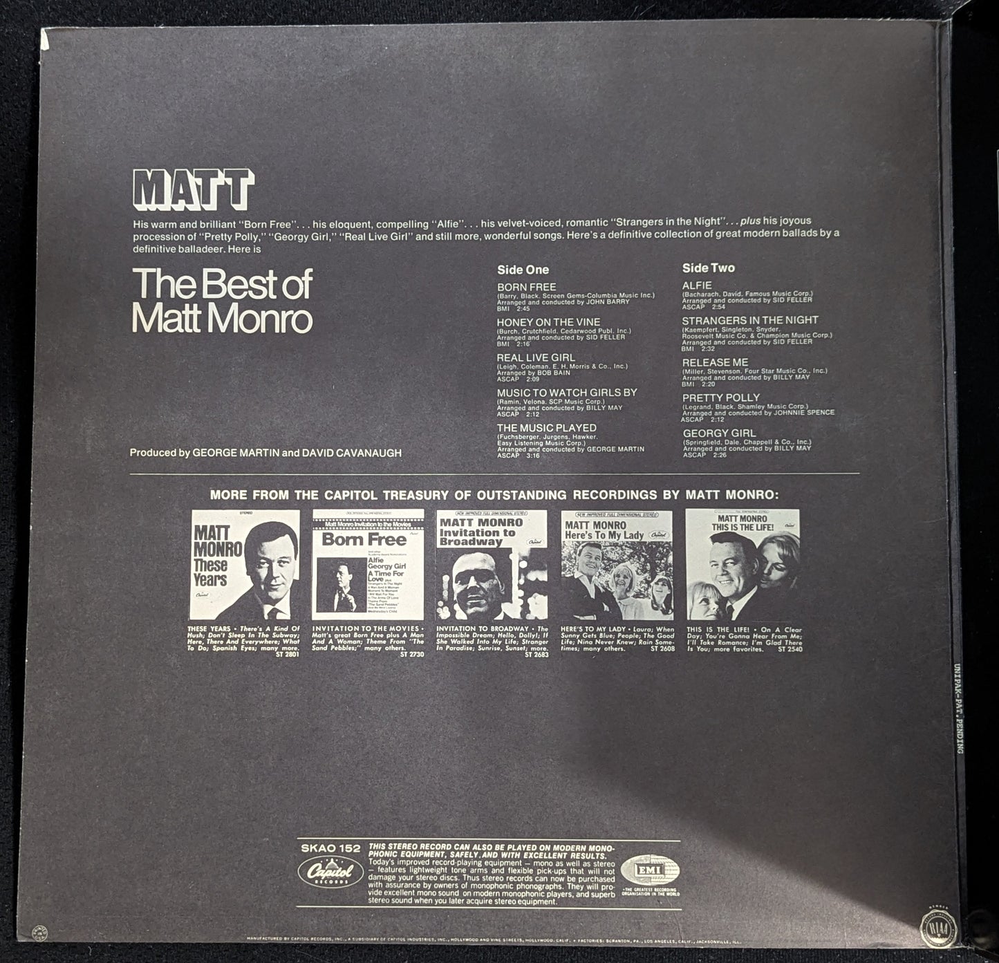 MATT MONRO The Best of Matt Monro LP Vinyl Record Capitol SKAO 152 (VG Vinyl, G+ Sleeve)