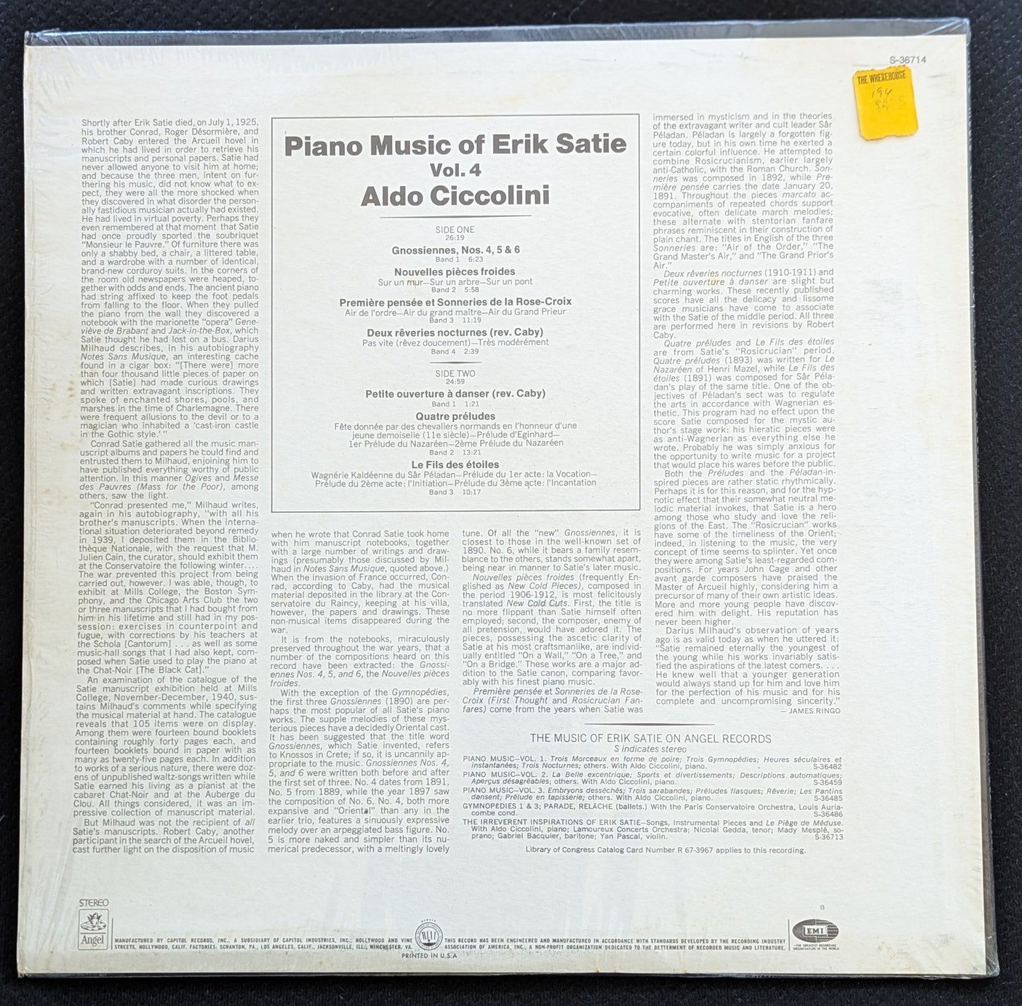 ALDO CICCOLINI Piano Music Of Erik Satie Vol 4 LP Vinyl Records Angel S-36714 (VG Vinyl, VG+ Sleeve)