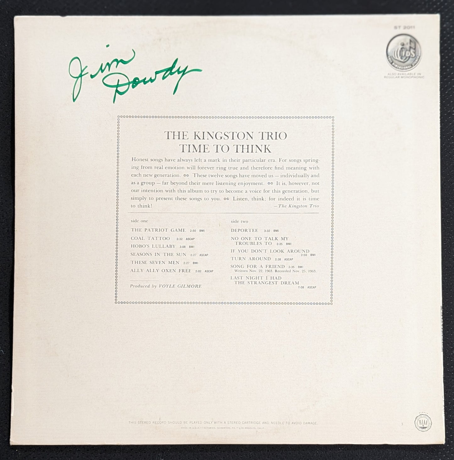 THE KINGSTON TRIO Time To Think LP Vinyl Record 1964 Capitol ST 2011 Folk (VG Vinyl, VG Sleeve)