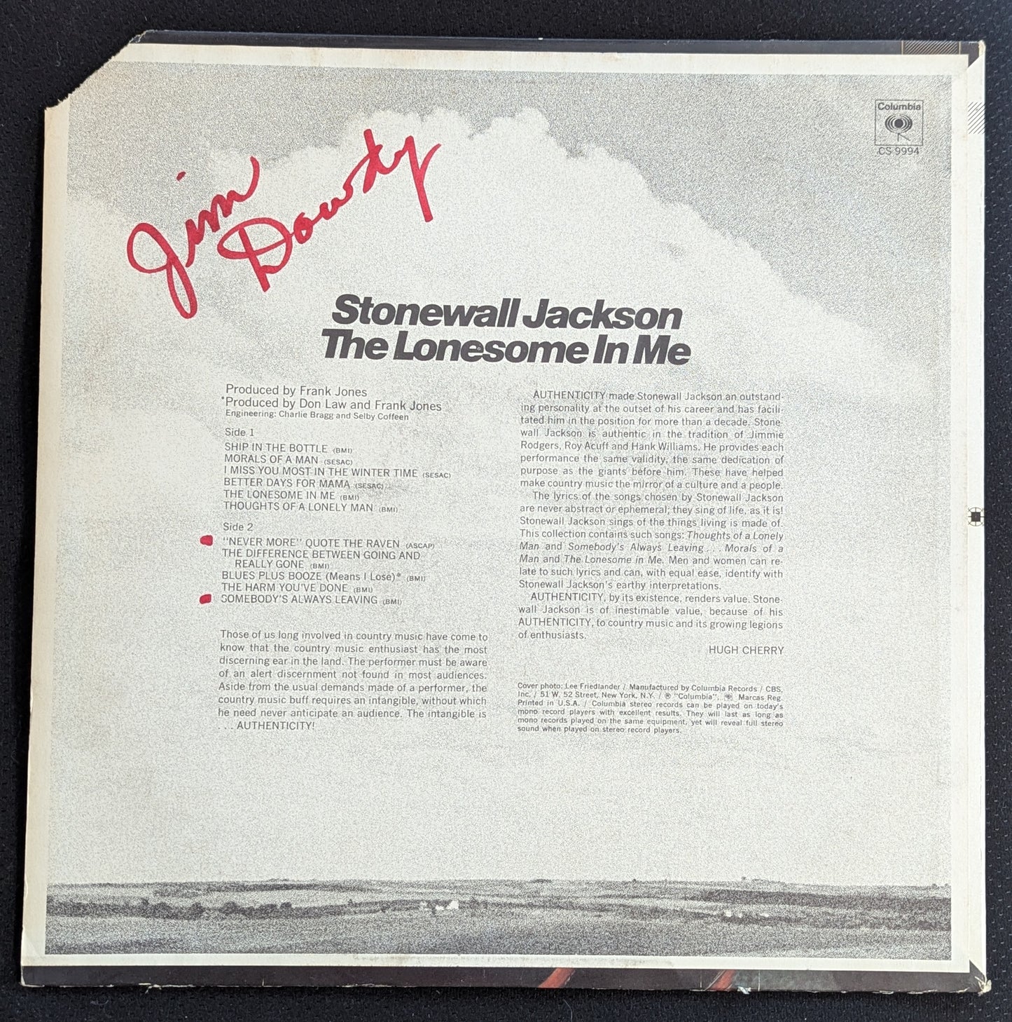 STONEWALL JACKSON The Lonesome In Me LP Vinyl Record 1970 Columbia CS 9994 (VG Vinyl, G+ Sleeve)