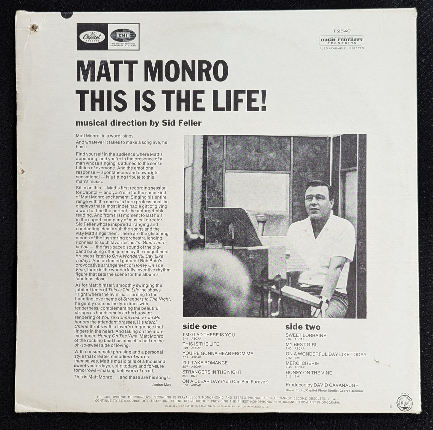 MATT MONRO This Is The Life LP Vinyl Record 1966 Capitol T 2540 (VG Vinyl, G+ Sleeve)
