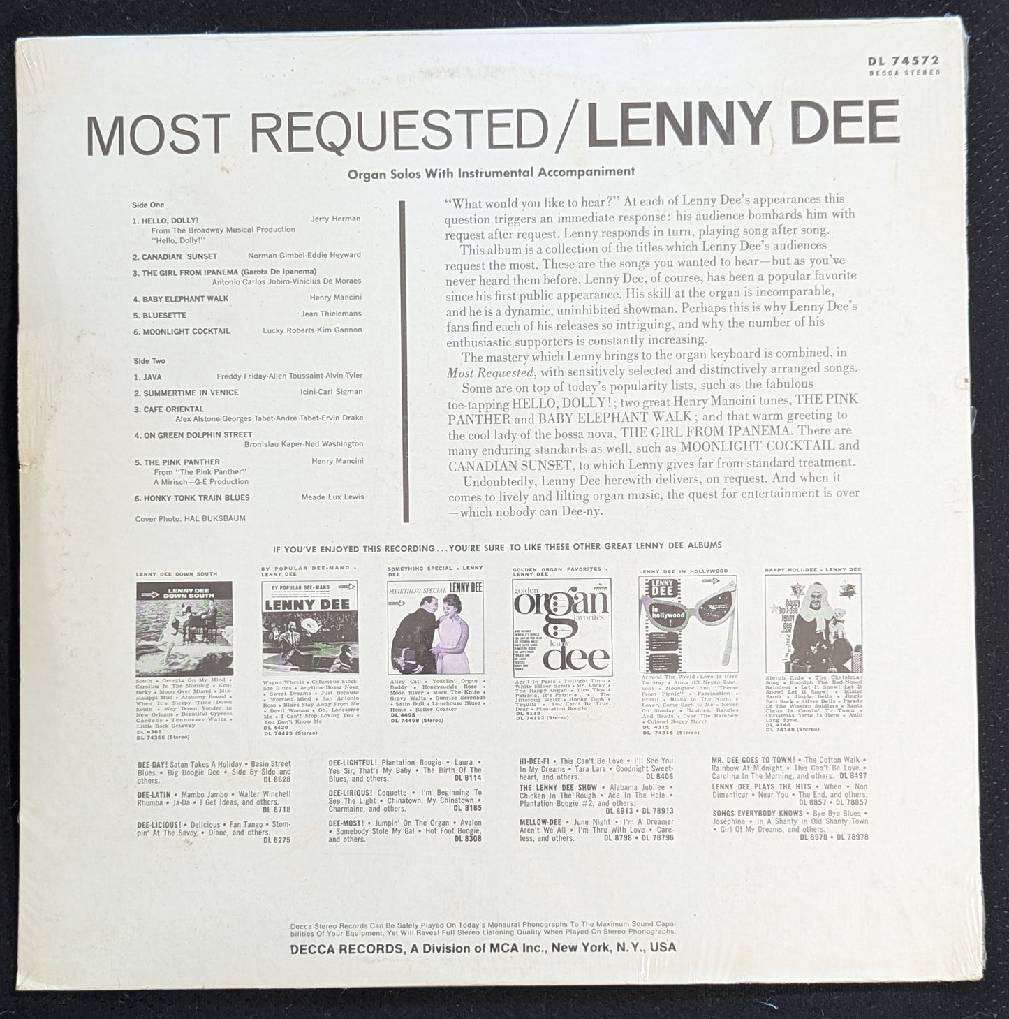 LENNY DEE Most Requested LP Vinyl Record Decca DL 74572 *Unopened* (M Vinyl, VG Sleeve)