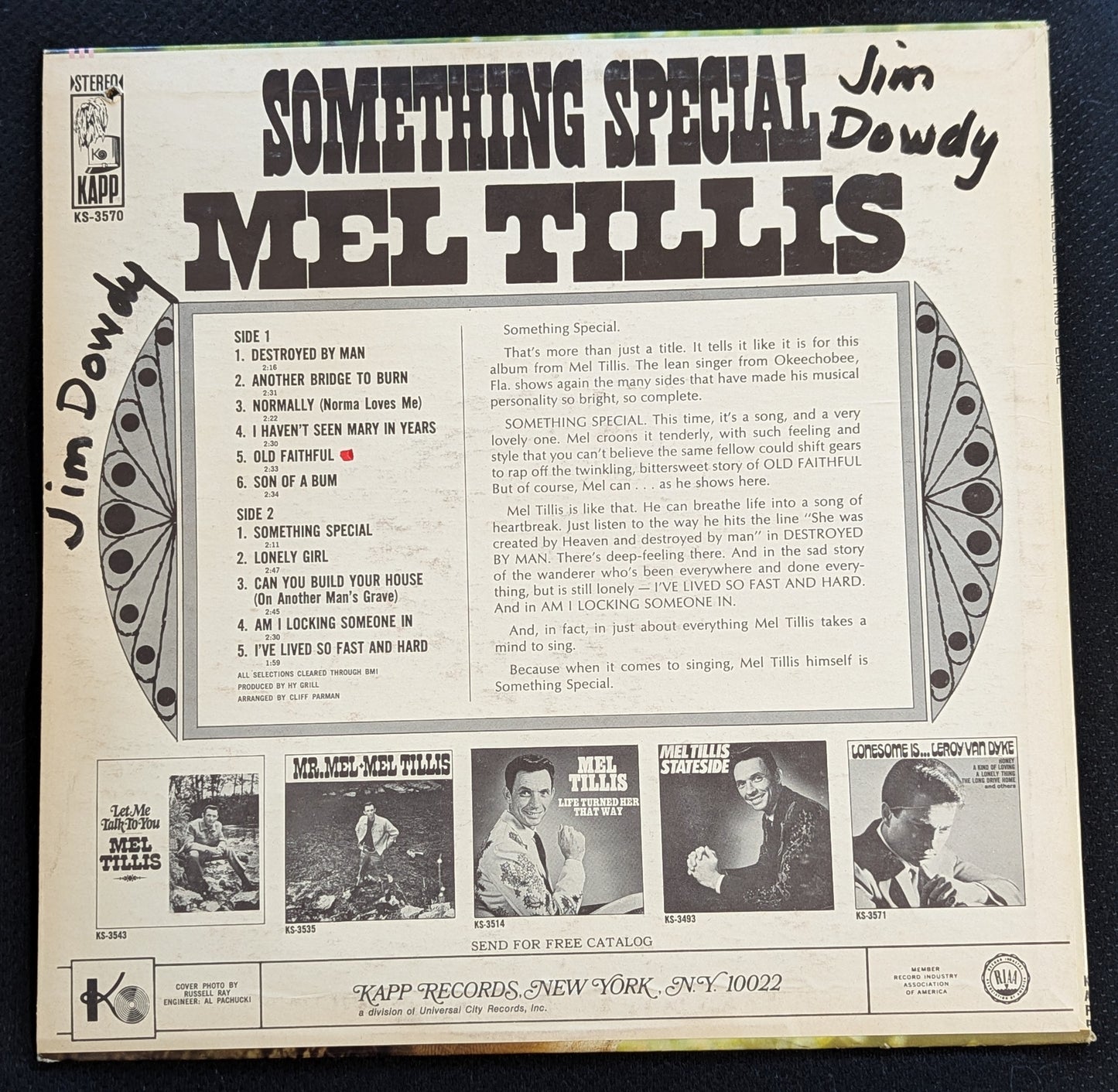 MEL TILLIS ‎Something Special Vinyl Record 1968 Kapp KS-3570 Country (VG Vinyl, VG Sleeve)