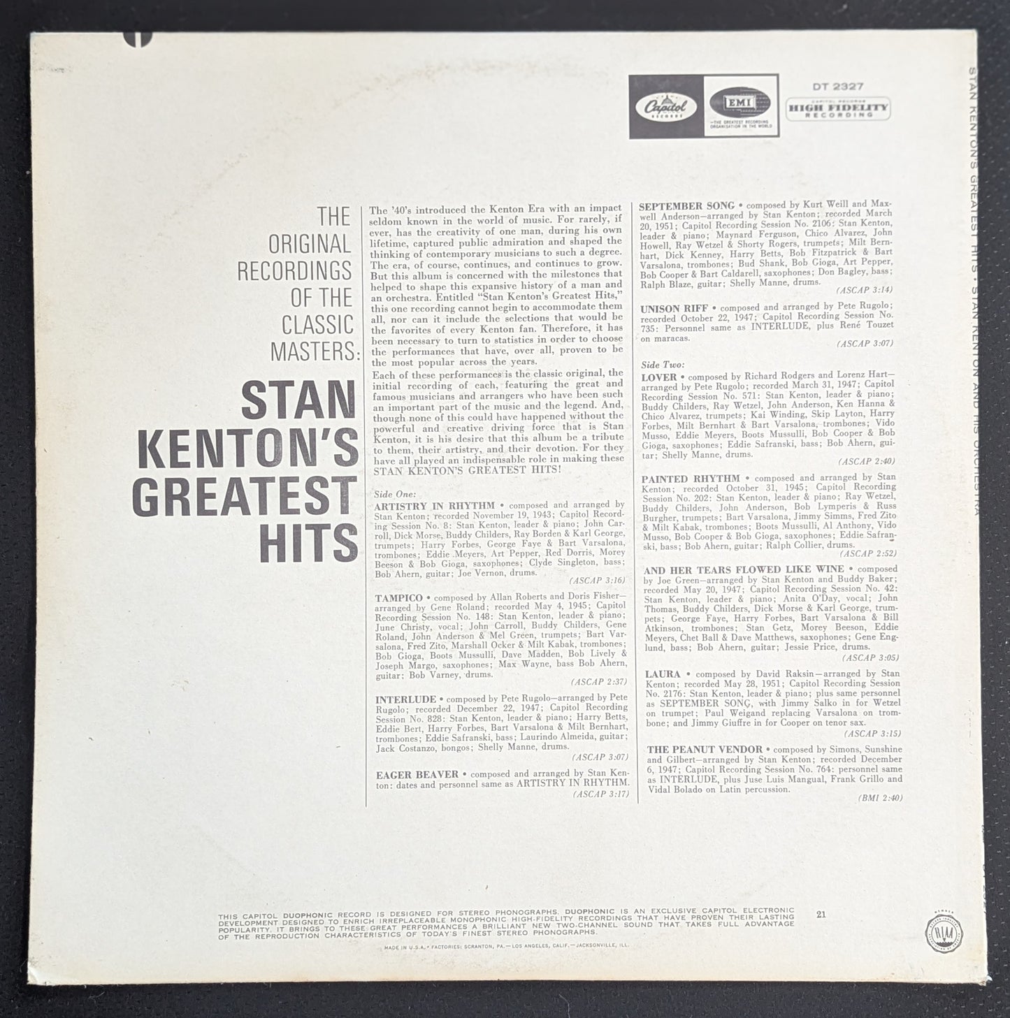 STAN KENTON'S Greatest Hits LP Vinyl Record 1965 Capitol Records DT 2327 (VG Vinyl, G+ Sleeve)