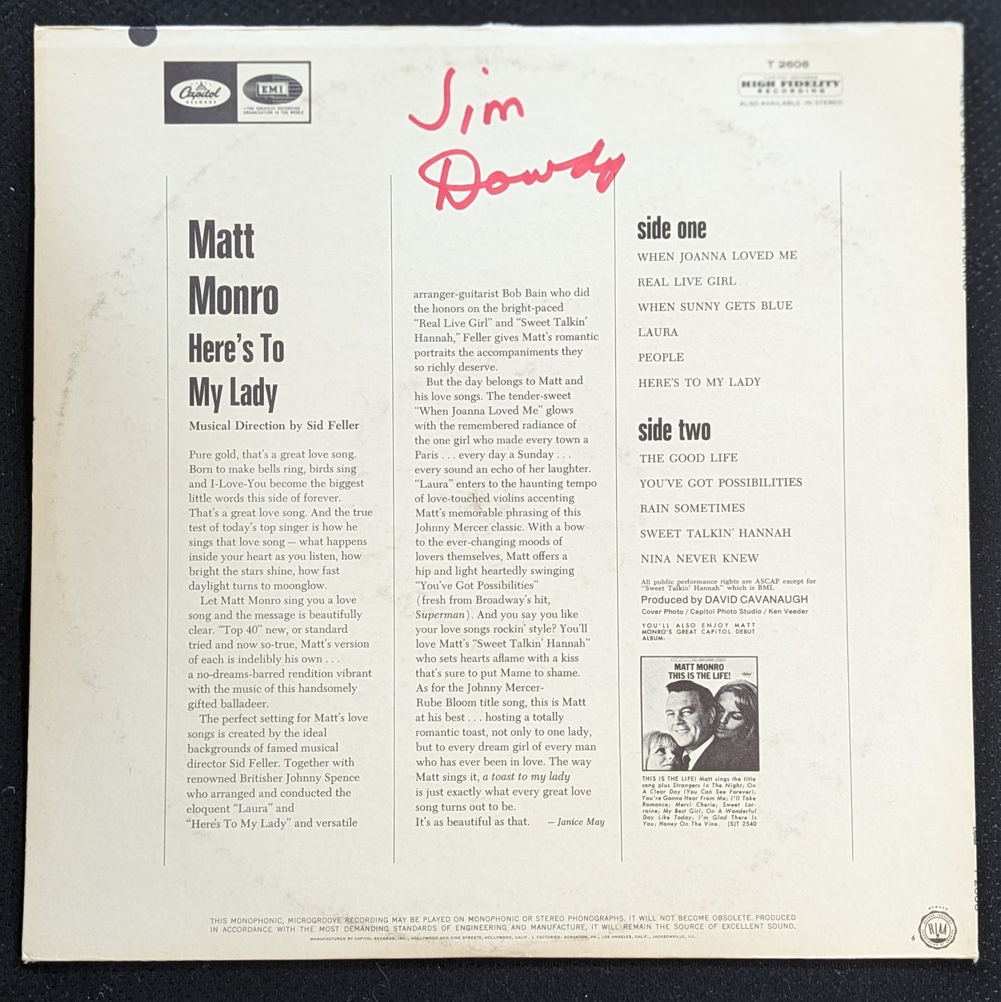 MATT MONRO ‎Here's To My Lady LP Vinyl Record 1966 Capitol Records T 2608 (VG+ Vinyl, VG Sleeve)