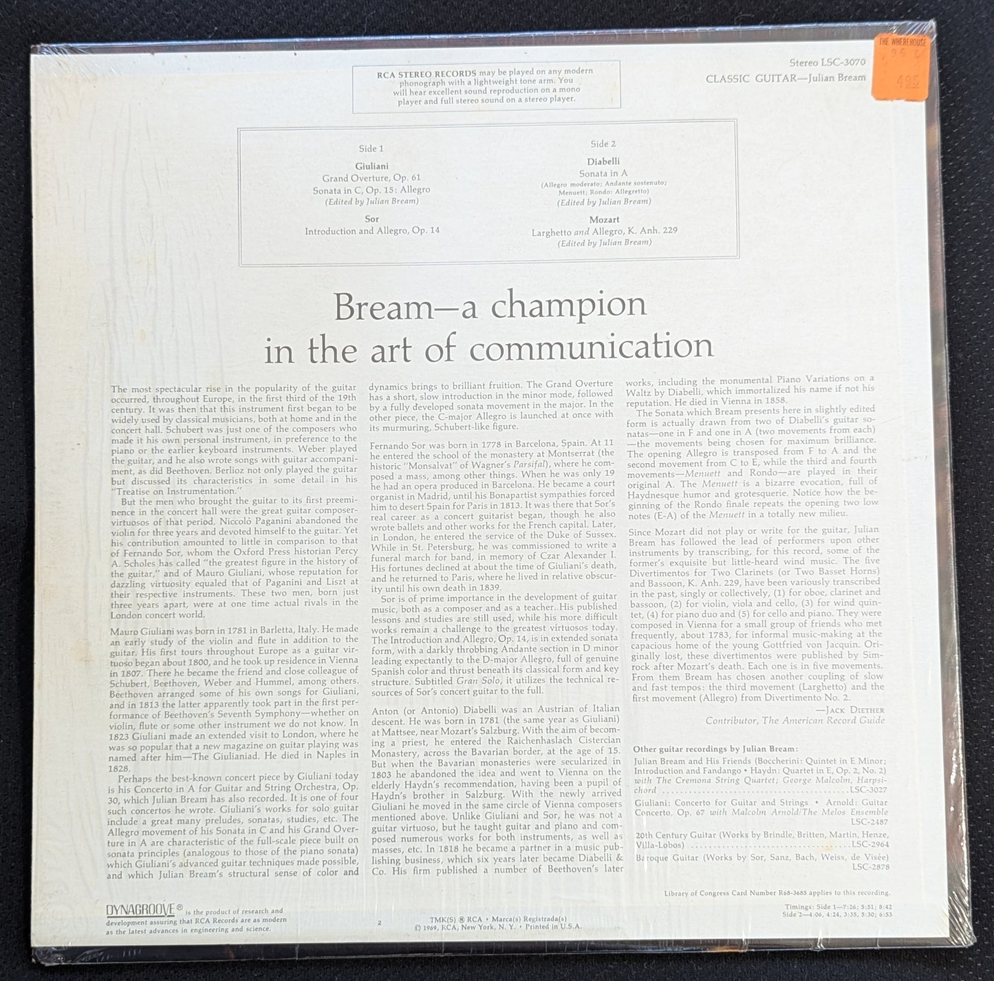 JULIAN BREAM Classic Guitar LP Vinyl Record 1969 RCA Red Seal LSC-3070 (VG Vinyl, VG+ Sleeve)