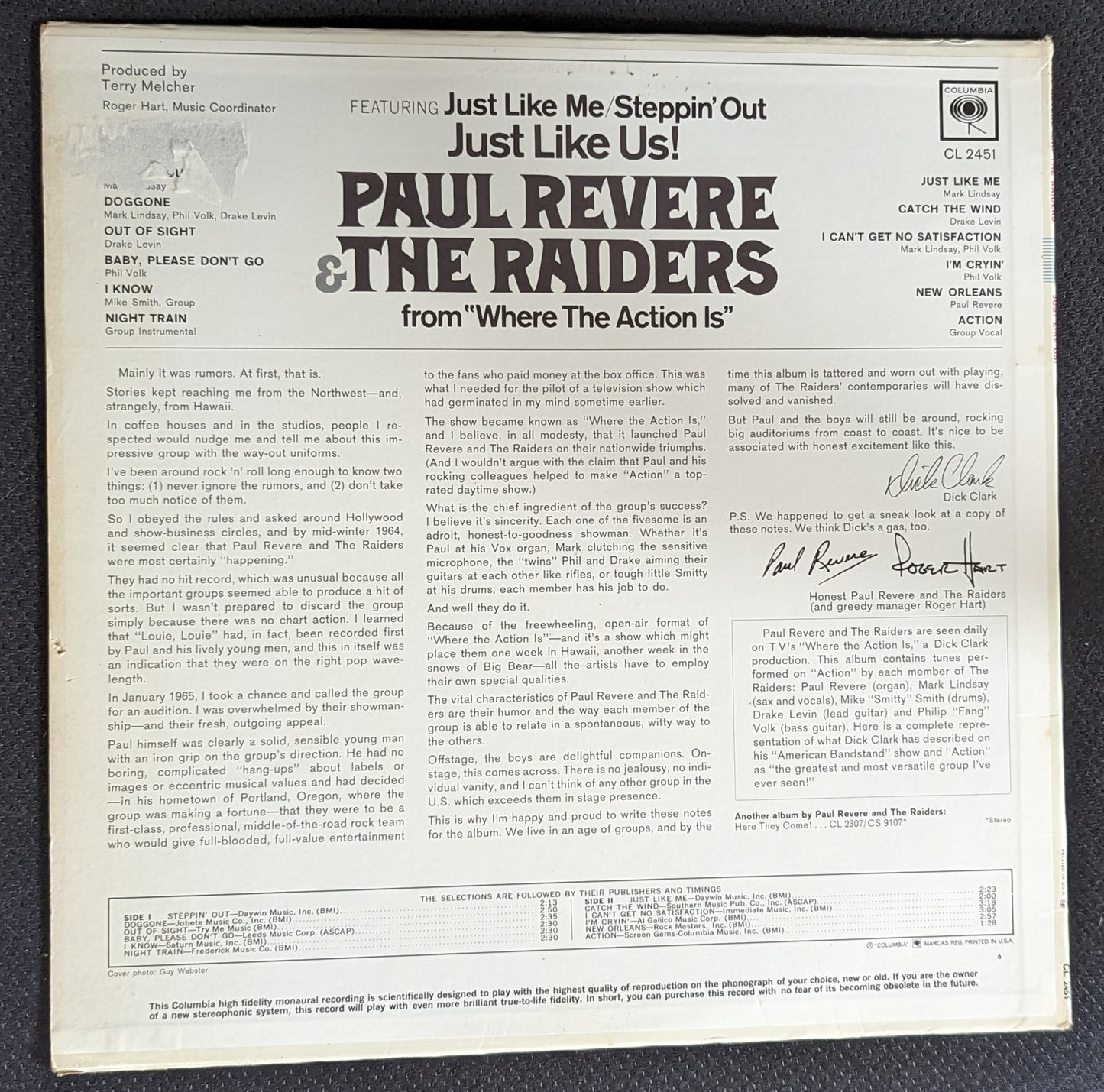 PAUL REVERE & THE RAIDERS Just Like Us LP Vinyl Record 1966 Columbia CL 2451 (VG Vinyl, VG Sleeve)