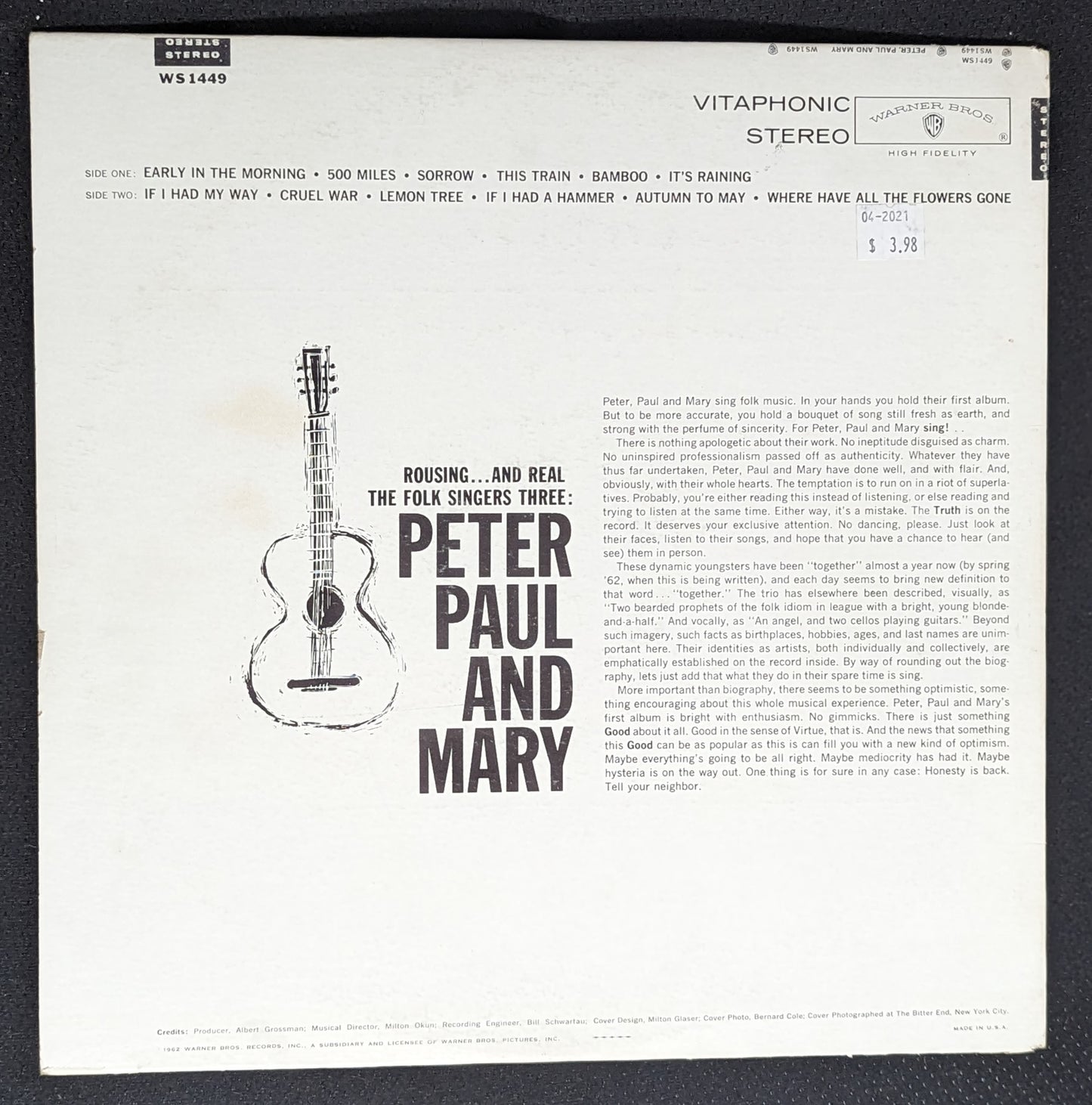 PETER PAUL AND MARY Self Titled LP Vinyl Record Album 1962 Warner Bros WS 1449 (VG Vinyl, VG Sleeve)