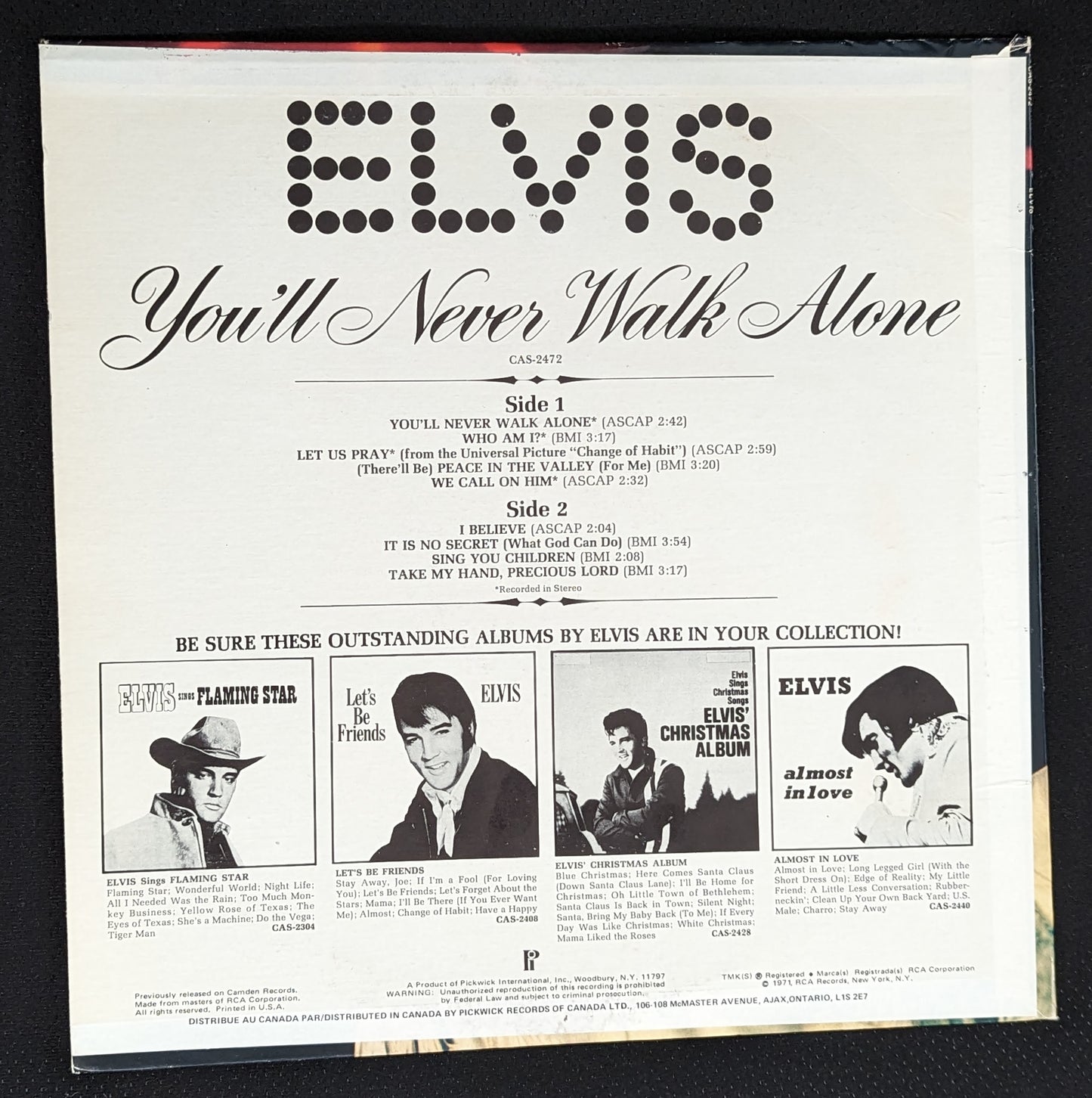 ELVIS PRESLEY You'll Never Walk Alone LP Vinyl Record 1975 Reissue CAS-2472 (VG Vinyl, VG Sleeve)